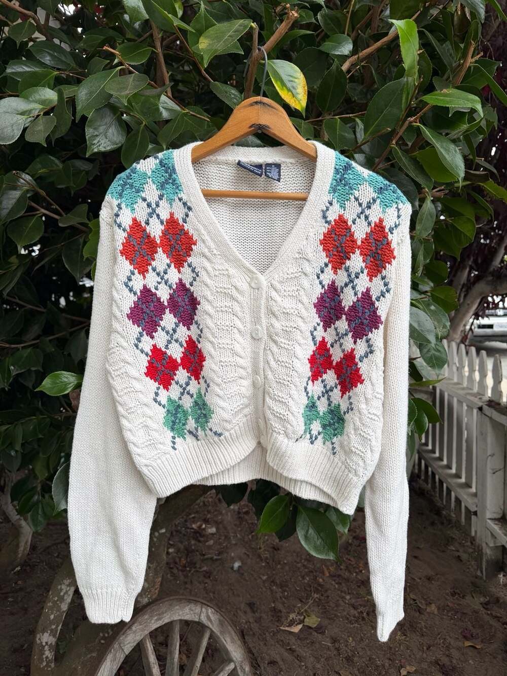 Vintage Lizsport Knitted by Hand Cream Argyle Cardigan Sweater Size M